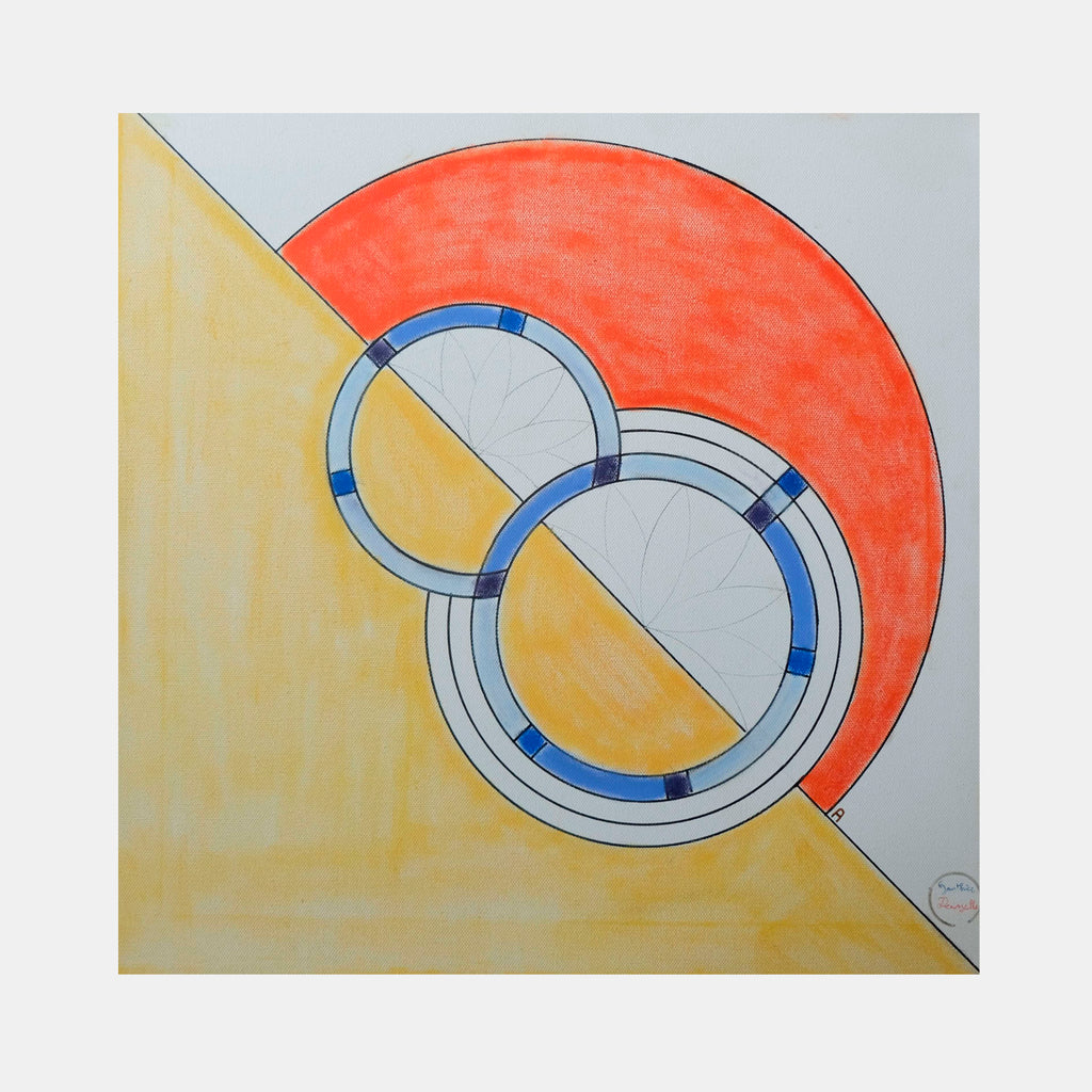 The artwork 'Origines' by Gauthier Denoyelle features a geometric abstract composition with two intersecting circular rings in white and blue, set against a diagonal split background of soft yellow and a striking orange-red circle, created with marker, crayon and pencil on stretched canvas.