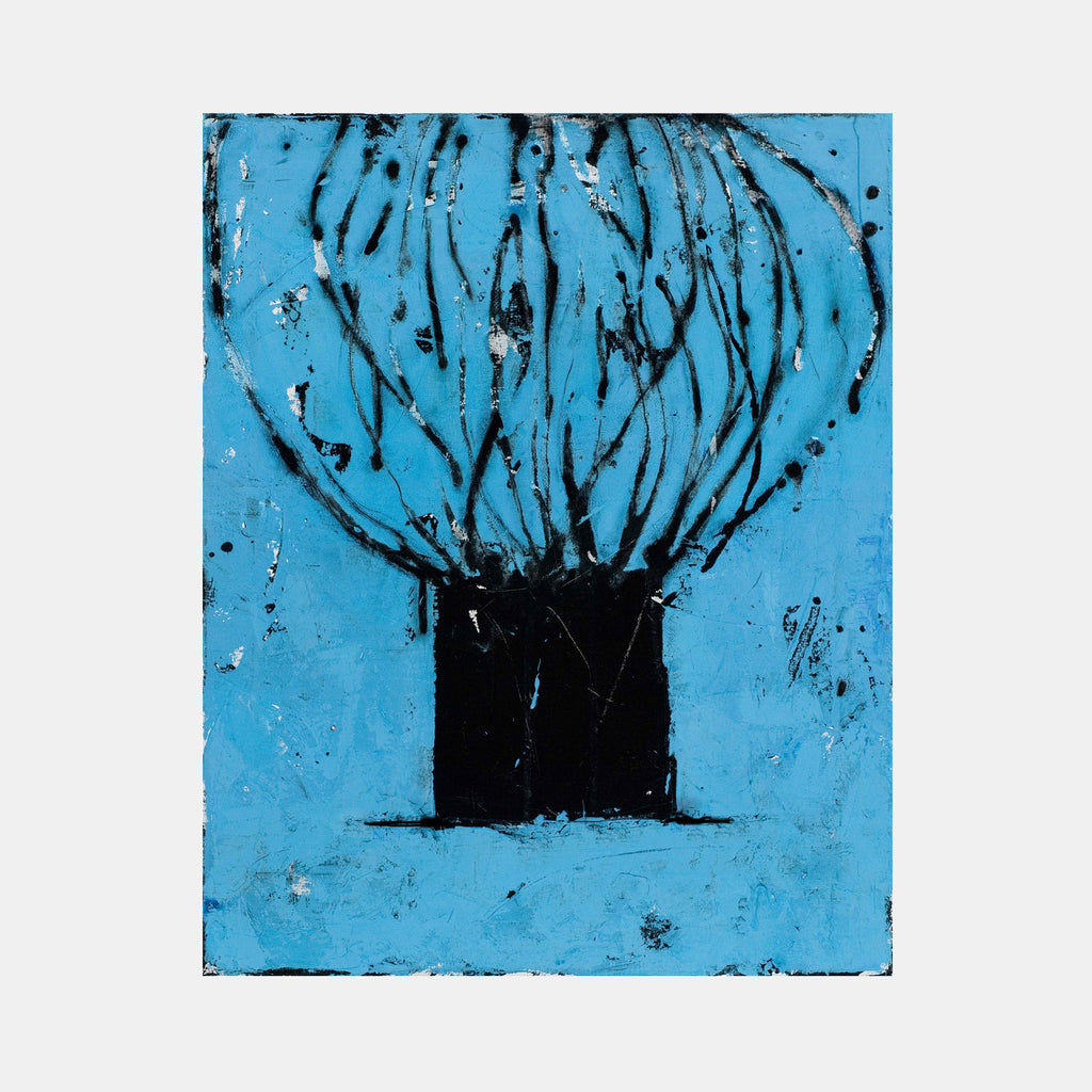 The artwork 'Other Than Words' by Shira Toren features a striking composition with a black rectangular base supporting flowing organic lines against a vibrant turquoise background. Created in Venetian plaster with pigment, the piece showcases expressive brushstrokes radiating upward, suggesting a plant or organic form emerging from a solid foundation. The textured surface combines bold contrast with subtle weathered effects.