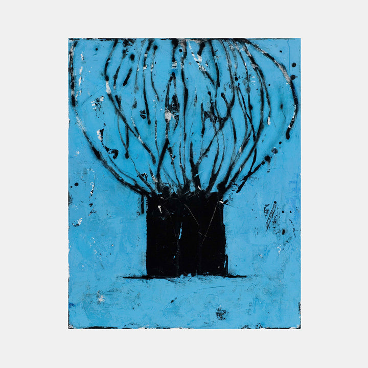 The artwork 'Other Than Words' by Shira Toren features a striking composition with a black rectangular base supporting flowing organic lines against a vibrant turquoise background. Created in Venetian plaster with pigment, the piece showcases expressive brushstrokes radiating upward, suggesting a plant or organic form emerging from a solid foundation. The textured surface combines bold contrast with subtle weathered effects.
