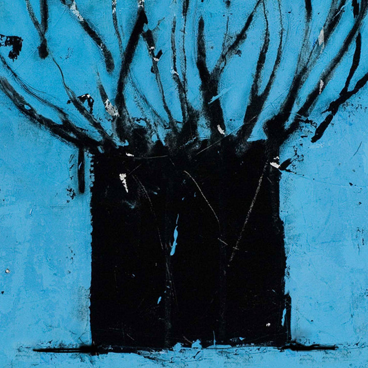 The artwork 'Other Than Words' by Shira Toren features dramatic black brushstrokes bursting upward from a solid black square against a vibrant turquoise background, created with Venetian plaster and pigment. The abstract composition suggests an explosive energy, with ink-like streaks radiating outward in a dynamic, expressive pattern.