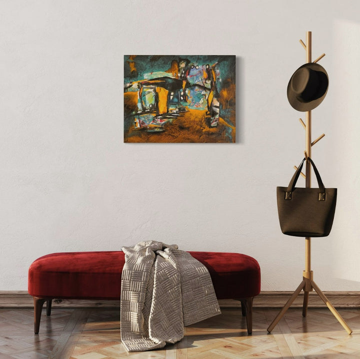 The artwork 'Out Building' by James Ehling features an abstract expressionist composition with vibrant turquoise, amber, and earth tones. The painting combines acrylic and fabric elements to create a dynamic scene suggesting architectural forms and fragmented spaces. Rich textural contrasts and gestural brushwork create a moody, atmospheric piece measuring 22x28 inches. - James Ehling