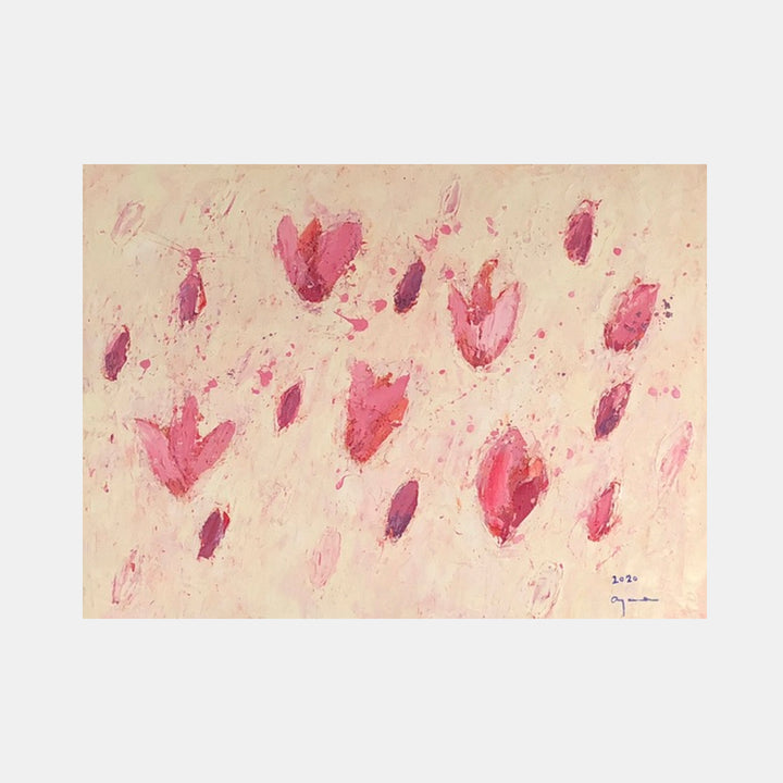 The artwork 'Outside is Spring' features abstract pink floral forms scattered across a soft beige canvas. Loose, expressive brushstrokes create delicate petal-like shapes in varying shades of rose and magenta, suggesting falling spring blossoms against a warm neutral background. Oil painting with impressionistic style by Ayane Kurai.