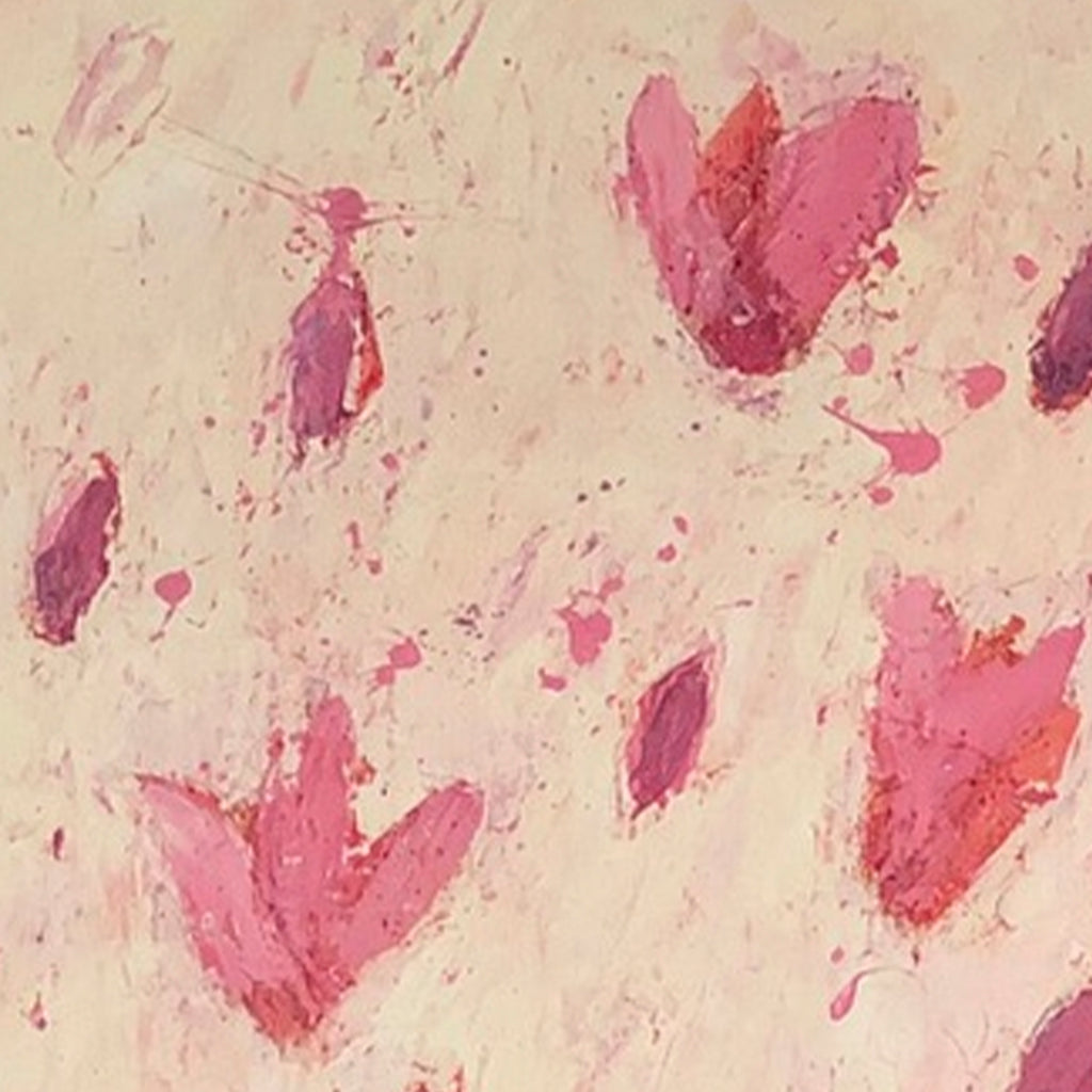 The artwork 'Outside is Spring' by Ayane Kurai features abstract pink heart-shaped flowers scattered across a cream canvas. Delicate paint splatters and brushstrokes create a whimsical, ethereal effect. The oil painting showcases varying shades of pink from soft rose to deep magenta, with loose, expressive floral forms suggesting movement and spontaneity in a 30x40 inch format.