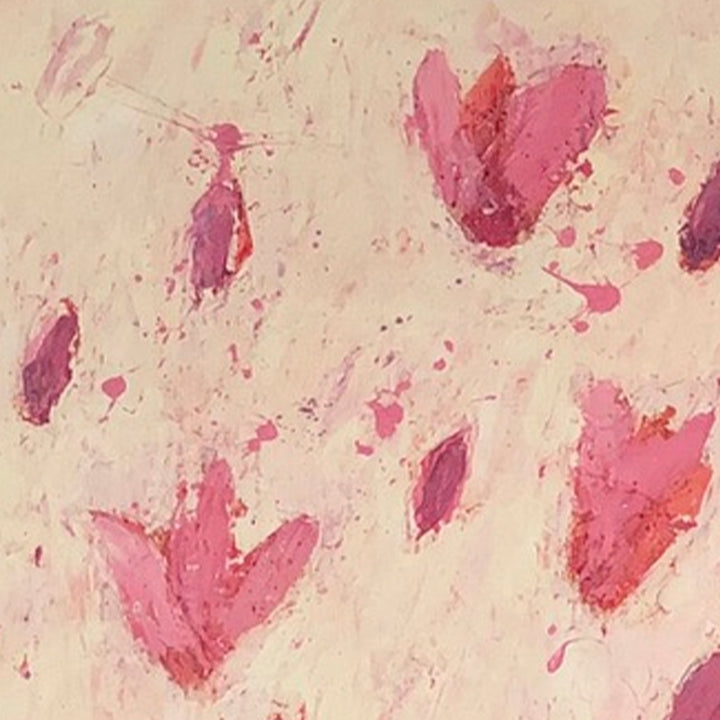 The artwork 'Outside is Spring' by Ayane Kurai features abstract pink heart-shaped flowers scattered across a cream canvas. Delicate paint splatters and brushstrokes create a whimsical, ethereal effect. The oil painting showcases varying shades of pink from soft rose to deep magenta, with loose, expressive floral forms suggesting movement and spontaneity in a 30x40 inch format.