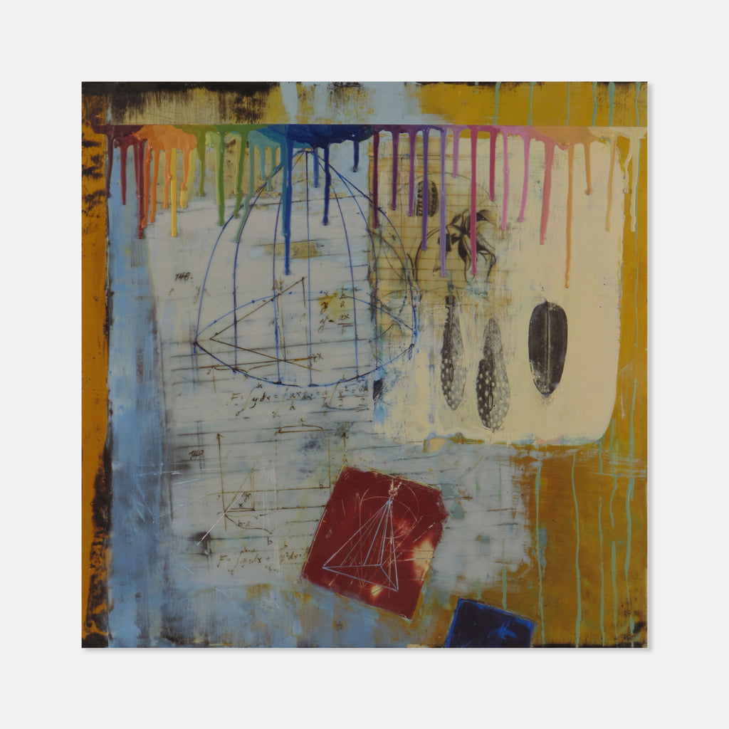 The artwork 'Overlay' by Karen Nielsen-Fried features abstract geometric shapes with dripping vibrant colors including yellow, blue, and burgundy. A delicate line drawing of a boat-like structure appears in pale blue, while textural elements and feather-like forms float against a weathered, multi-layered encaustic background. The 16x16 inch wood panel combines oil and encaustic techniques for a rich, dimensional effect.