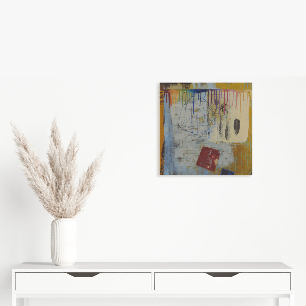 The artwork 'Overlay' by Karen Nielsen-Fried features abstract dripping paint in yellow and blue tones, with textural elements created through encaustic and oil techniques on wood panel. A prominent red geometric shape contrasts against a weathered, layered background with vertical paint streaks and subtle scratched markings. 16x16 inches by Karen Nielsen-Fried.