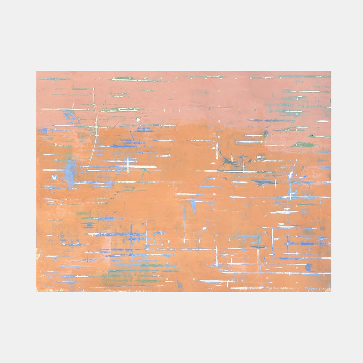 The artwork 'Overture' by Shira Toren features a serene composition of horizontal brushstrokes in warm peach and salmon tones, accented with scattered touches of pale blue and silver. Created with Venetian plaster and pigments on canvas, the textured surface creates a rhythmic pattern reminiscent of gentle rain or musical notes, expressing movement and tranquility.
