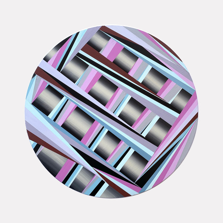 The artwork 'Overwhelming' by Elyce Abrams features a geometric abstract design on a round wood panel. Bold diagonal stripes in pink, turquoise, and burgundy intersect with metallic gray rectangular blocks, creating a dynamic three-dimensional illusion. The 20-inch circular composition demonstrates precise hard-edge painting technique in acrylic, with a modern architectural aesthetic.
