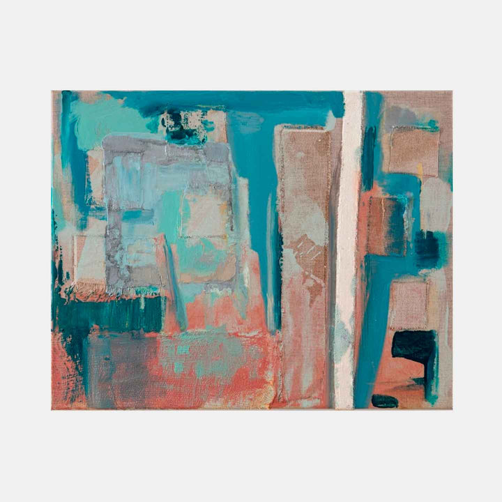 The artwork 'Oxidation Blues' by Molly Herman features abstract geometric forms in a vibrant palette of turquoise blue, coral pink, and neutral beige tones. Bold brushstrokes create an urban landscape-like composition on linen canvas, with vertical elements suggesting architectural structures. The textural oil paint application adds depth and movement to the 16x20 inch piece.