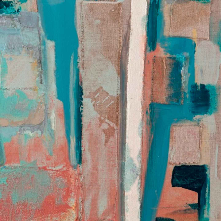 The artwork 'Oxidation Blues' by Molly Herman features bold vertical strokes in turquoise and coral tones, creating an abstract urban landscape effect. The oil on linen painting showcases textured brushwork with contrasting soft beige and deep teal elements, expressing a dynamic interplay of warm and cool colors through layered, geometric forms. 16x20 inches, by Molly Herman.