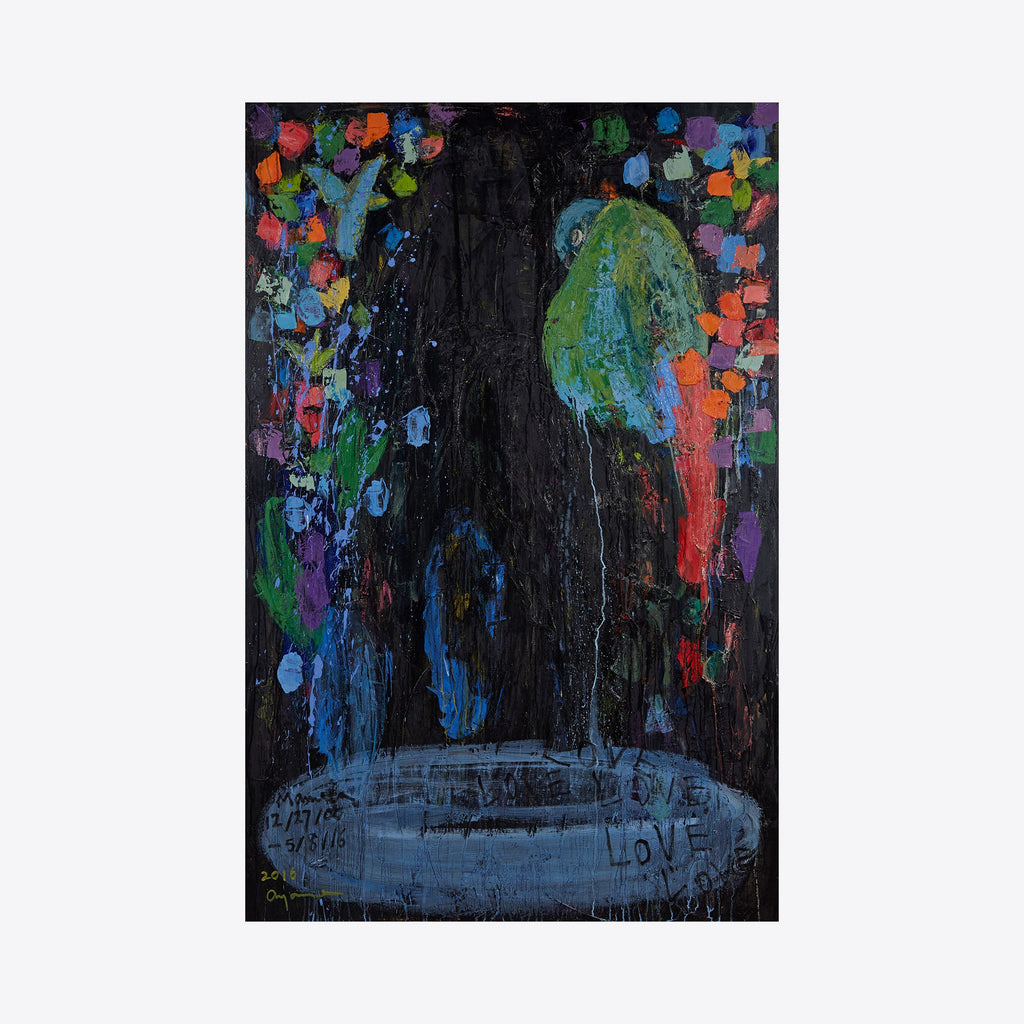 The artwork 'Mamela 12/27/00-5/8/16' features vibrant abstract expressionist drips and splatters against a dark background, with bursts of blue, green, red, and purple paint creating a dynamic composition. A pale oval shape rests at the bottom, surrounded by cascading colorful elements on a 72x48 inch oil canvas by Ayane Kurai.