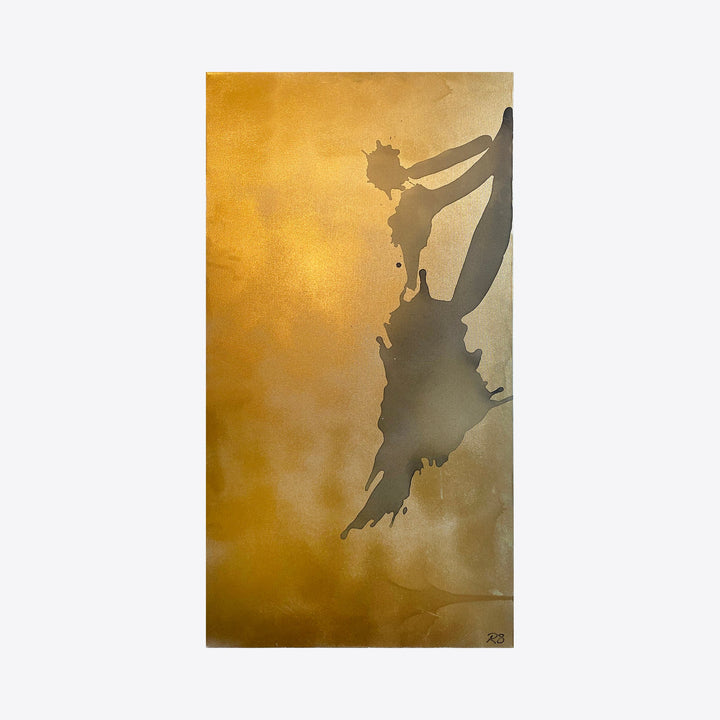 The artwork 'The Art of Unlearning' by Roger Hsia features a dramatic silhouette against a luminous golden background. The abstract form appears to be floating or leaping, creating a sense of movement and freedom. The acrylic painting employs a minimalist style with rich amber tones and shadowy contrasts on a 48x24 inch canvas by Roger Hsia.