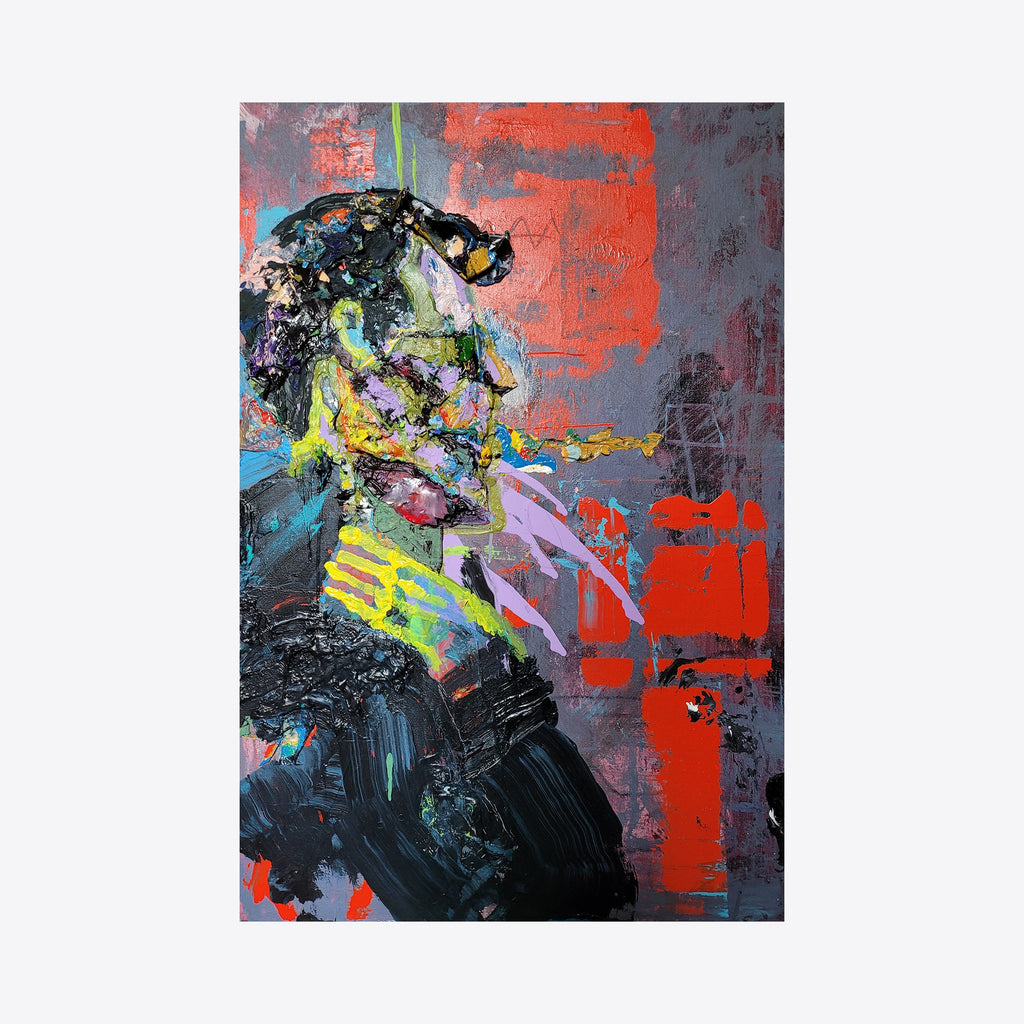 The artwork 'Call Him the Breeze' by Roger Hsia features an abstract expressionist figure rendered in vibrant acrylics. Dynamic brushstrokes in neon yellows, teals, and pinks contrast against a moody backdrop of charcoal greys and coral reds. The gestural composition captures movement through bold, textured paint application and energetic color interplay. 36x24 inches acrylic painting by Roger Hsia.