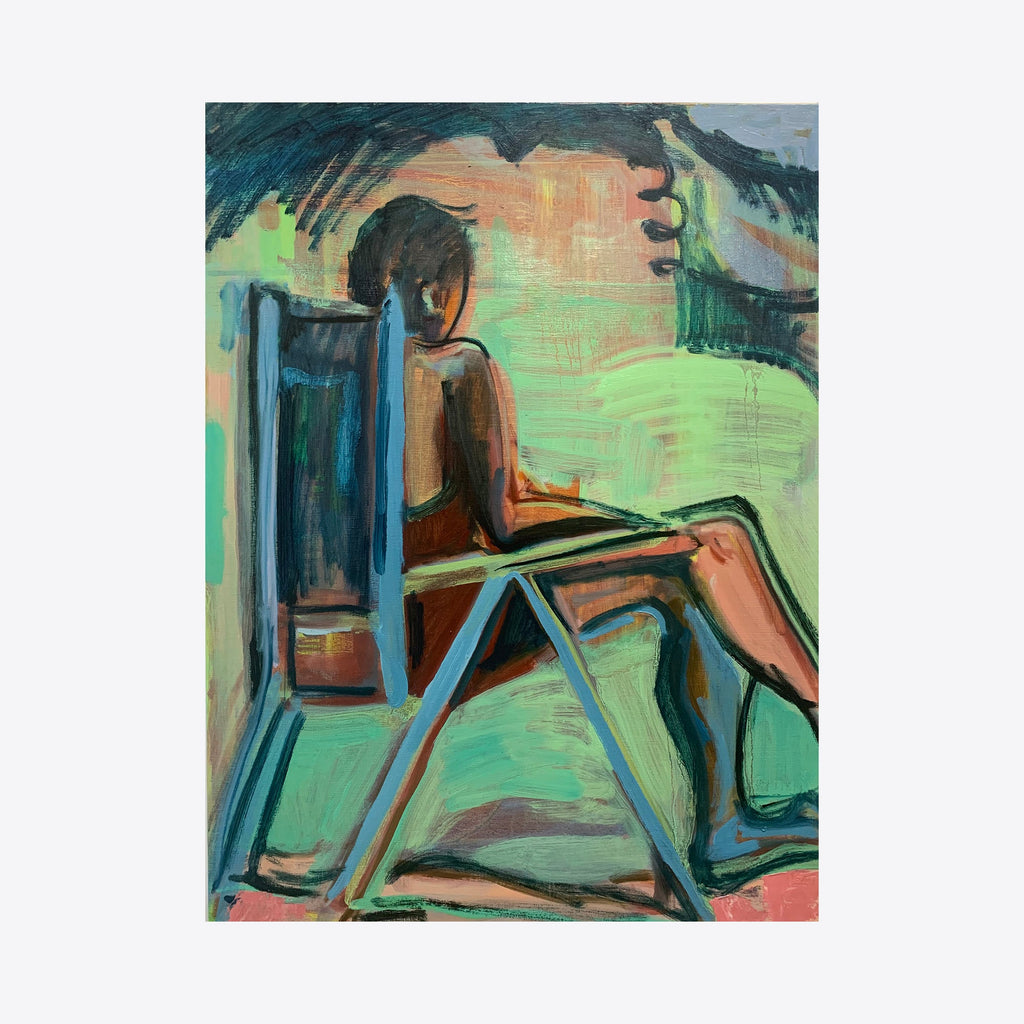 The artwork 'Catherine in Crest' depicts a figure seated on a blue chair against a luminous mint-green background. Bold brushstrokes create a dynamic composition with warm terracotta and cool turquoise tones. The oil on linen painting showcases expressive, contemporary style with visible texture and gestural marks. By Taiss Ghuliani.