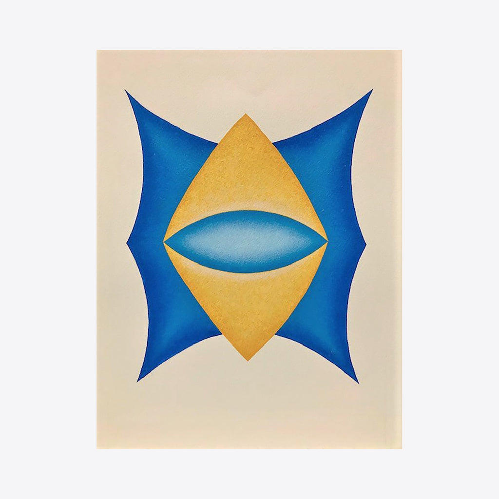 The artwork 'Center Stretch' by Joe Piscopia features a symmetrical geometric composition with a golden diamond shape containing an oval element, framed by vibrant blue wing-like forms against a cream background, painted in acrylic on watercolor paper with smooth, precise edges and gradient effects.