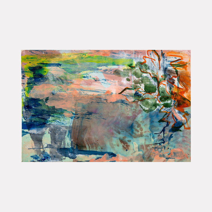 The artwork 'Ceromancy' by Molly Herman features a dynamic abstract composition with swirling brushstrokes in vibrant coral, seafoam green, and deep navy blues. Textural elements created through acrylic and oil paints blend with collaged silk, creating an ethereal landscape-like effect. The painting's energetic movement flows from rich orange tones on the right to cooler blues on the left, showcasing expressive contemporary abstraction.