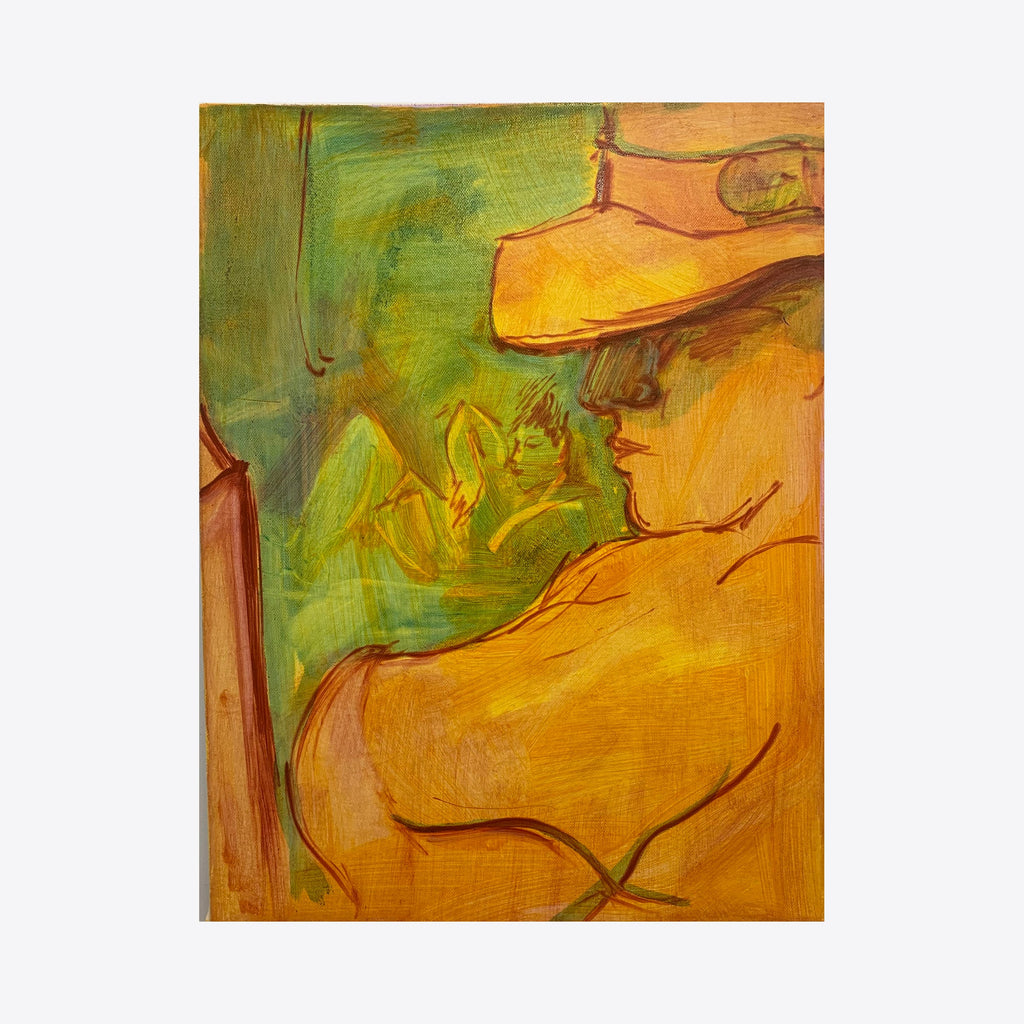 The artwork 'Clea and Clem Reading' by Taiss Ghuliani features two figures rendered in warm golden ochre tones against a vibrant green background. The oil painting employs loose, expressive brushstrokes creating fluid forms and organic shapes. The composition shows abstract figures in a contemplative reading pose, with bold colors and dynamic lines characteristic of modern expressionist style.