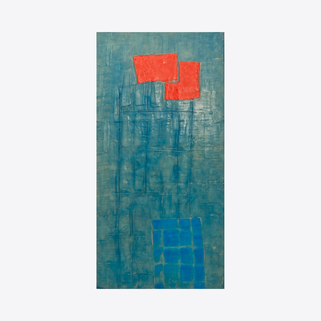 The artwork 'Clearly' by Cora Jane Glasser features a vertical composition with two vibrant coral-red rectangular shapes floating atop a deep turquoise background. A subtle blue geometric form appears near the bottom, creating depth through textural encaustic and oil technique on wood panel, measuring 24x12 inches.