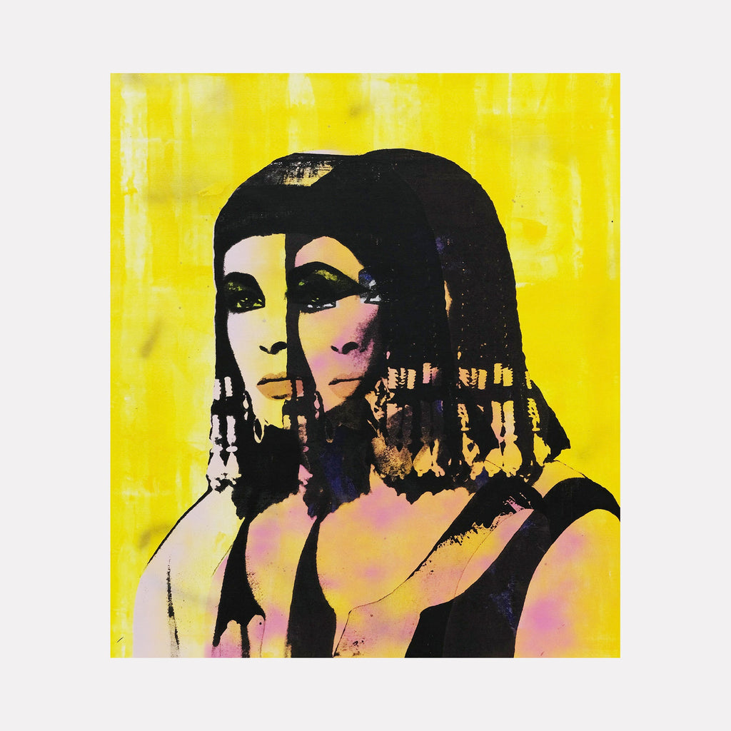 The artwork 'Seduction Is The Way [Cleopatra]' captures a striking double silhouette against a vibrant yellow background. The silkscreen print features bold black outlines with delicate pink undertones, executed in a pop art style using spray paint and acrylic on canvas. The composition shows an Egyptian-inspired profile with geometric patterns and layered shadows. By Rudy Meyer.