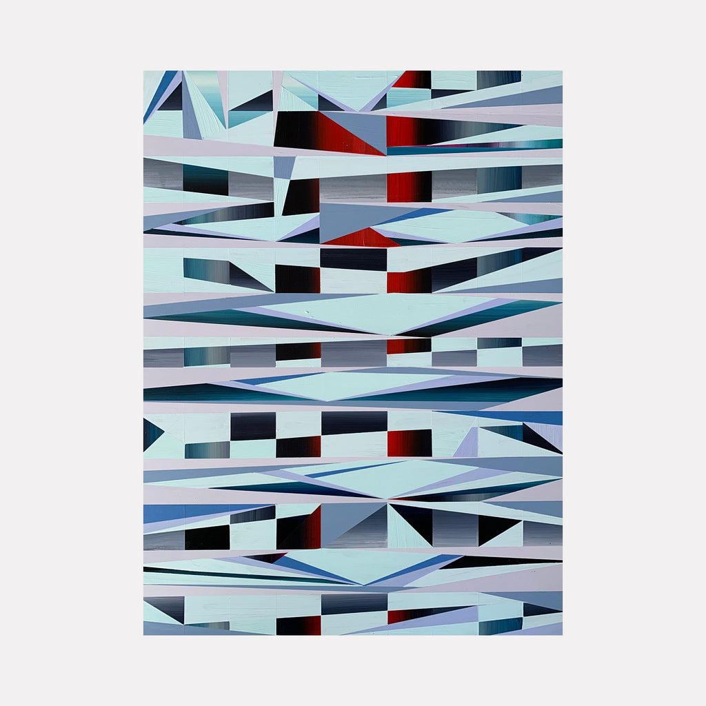 The artwork 'Cold' by Elyce Abrams features abstract geometric patterns with sharp angular shapes in cool tones. Horizontal bands of light blue, gray, and white are intersected by black rectangles and red accents, creating a dynamic layered composition. The modern minimalist design suggests a sense of movement and depth through overlapping geometric forms.