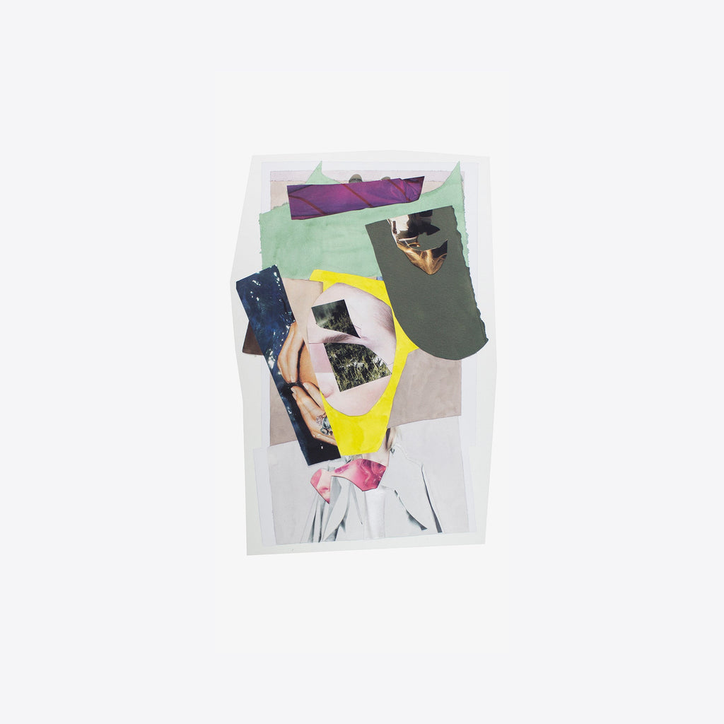 The artwork 'Coming Undone' by Winnie Sidharta features an abstract collage composition on watercolor paper. Torn fragments in mint green, deep purple, navy blue, and yellow create a dynamic layered effect. Various geometric shapes and paper pieces overlap, suggesting movement and deconstruction. The 36x18 inch piece combines both muted and vibrant tones in a contemporary mixed media style.