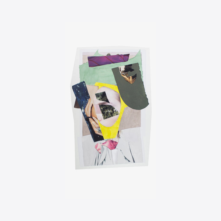 The artwork 'Coming Undone' by Winnie Sidharta features an abstract collage composition on watercolor paper. Torn fragments in mint green, deep purple, navy blue, and yellow create a dynamic layered effect. Various geometric shapes and paper pieces overlap, suggesting movement and deconstruction. The 36x18 inch piece combines both muted and vibrant tones in a contemporary mixed media style.