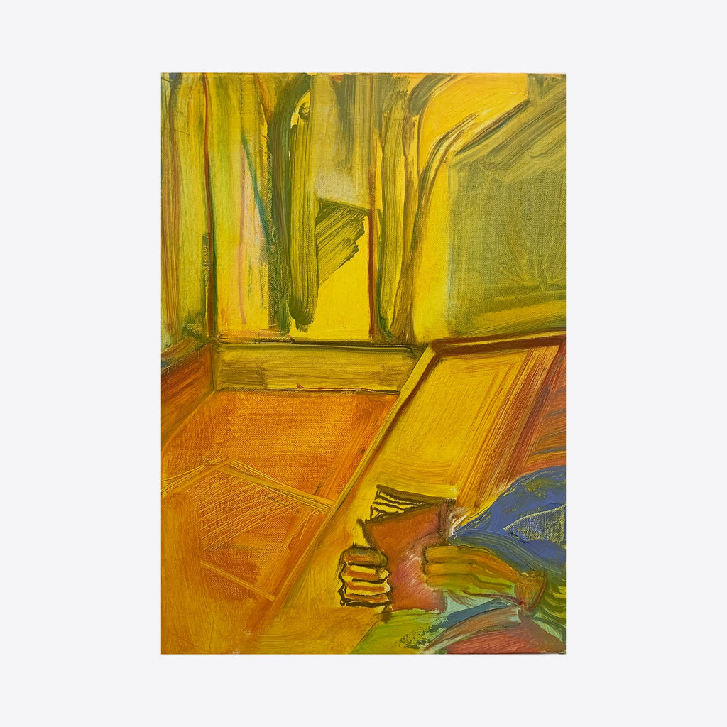 The artwork 'Crossword Puzzle' by Taiss Ghuliani features bold abstract brushstrokes in vibrant yellows and oranges, with dynamic geometric shapes suggesting a deconstructed interior space. Oil paint application creates rich textures and depth, while touches of blue and green add subtle contrast to the warm palette. Original oil painting on canvas, 15x11 inches. By Taiss Ghuliani.