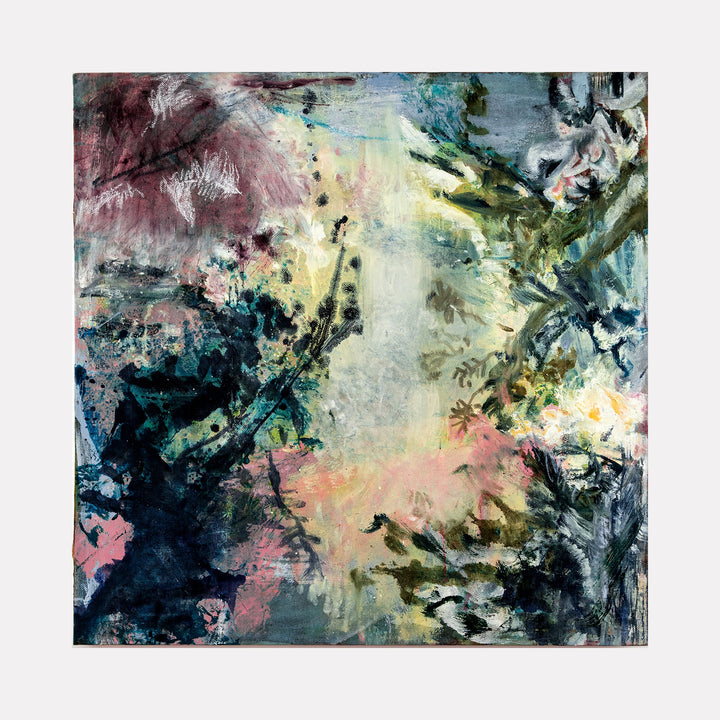 The artwork 'Crown Shy' by Molly Herman features an abstract expressionist composition with dynamic brushstrokes in deep navy, soft pink, and pale yellow hues. The oil on linen painting showcases energetic movement through layered textures, creating a dreamy atmospheric effect with ethereal color transitions and organic forms that suggest a natural, forest-like environment.