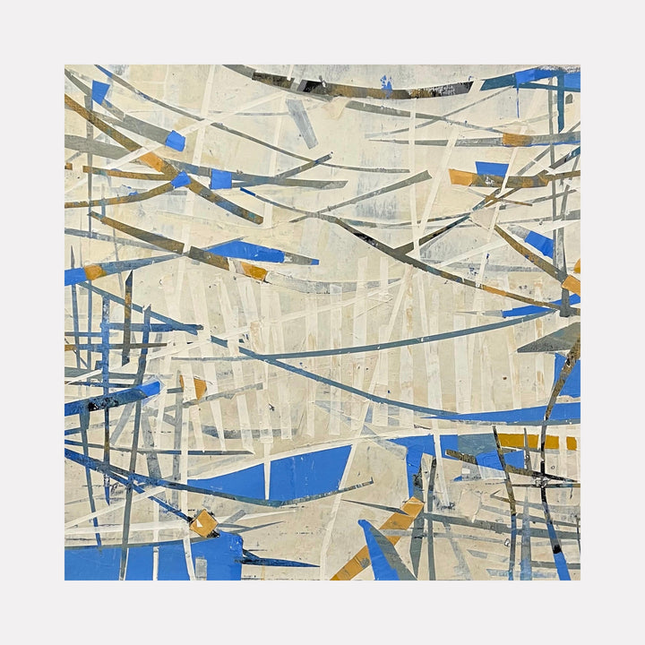 The artwork 'Curtain Call' by Shira Toren features intersecting linear elements in vibrant blue and gold against a creamy white background. Abstract geometric shapes create a dynamic composition with layered Venetian plaster textures. The 26x26 inch canvas displays a contemporary minimalist style with crossed lines suggesting movement and depth.