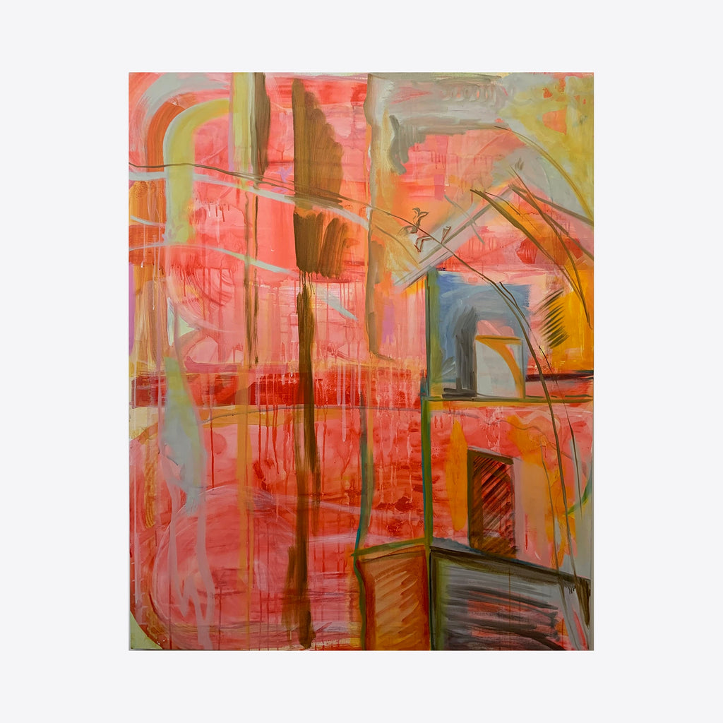 The artwork 'D-Hall 2' by Taiss Ghuliani features abstract architectural elements rendered in vibrant coral pinks and earthy browns. Dynamic vertical lines intersect with arched forms, while gestural brushstrokes in acrylic and oil create a layered, textural composition. Blue accents and golden highlights add depth to the 60x48 inch canvas.