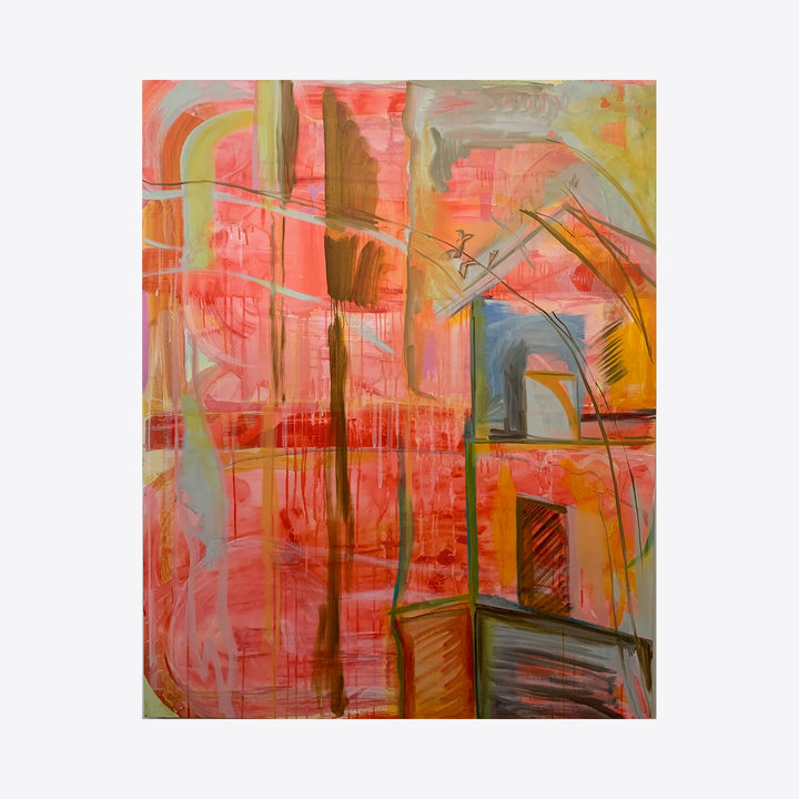 The artwork 'D-Hall 2' by Taiss Ghuliani features abstract architectural elements rendered in vibrant coral pinks and earthy browns. Dynamic vertical lines intersect with arched forms, while gestural brushstrokes in acrylic and oil create a layered, textural composition. Blue accents and golden highlights add depth to the 60x48 inch canvas.