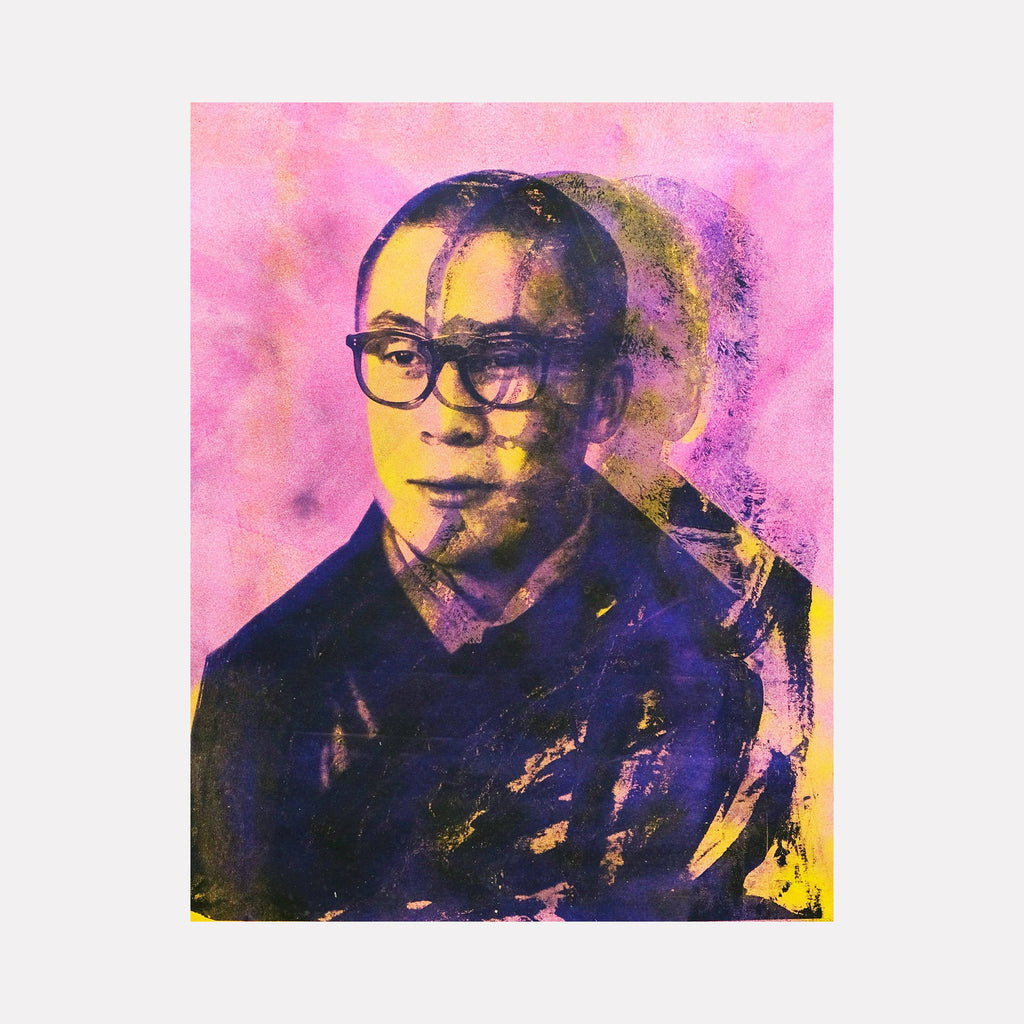 The artwork 'Happiness Is The Way' features a portrait against a vibrant pink background, rendered in silkscreen style with yellow and purple hues. The composition shows a contemplative figure wearing glasses and traditional robes, created using hand-pulled silkscreen, ink, spray paint, and acrylic on canvas, creating a pop art aesthetic. By Rudy Meyer.