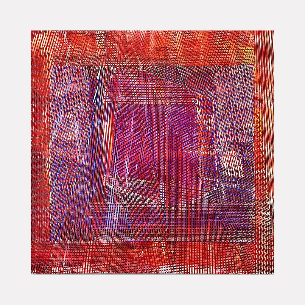 The artwork 'Delve' by Elyce Abrams features an intricate geometric composition with overlapping linear patterns in vibrant red and purple hues. The abstract piece showcases a woven texture effect with dynamic diagonal lines and mesh-like patterns creating depth and movement across the 24x24 inch acrylic panel. The center darkens to a rich magenta, while crimson edges frame the composition.