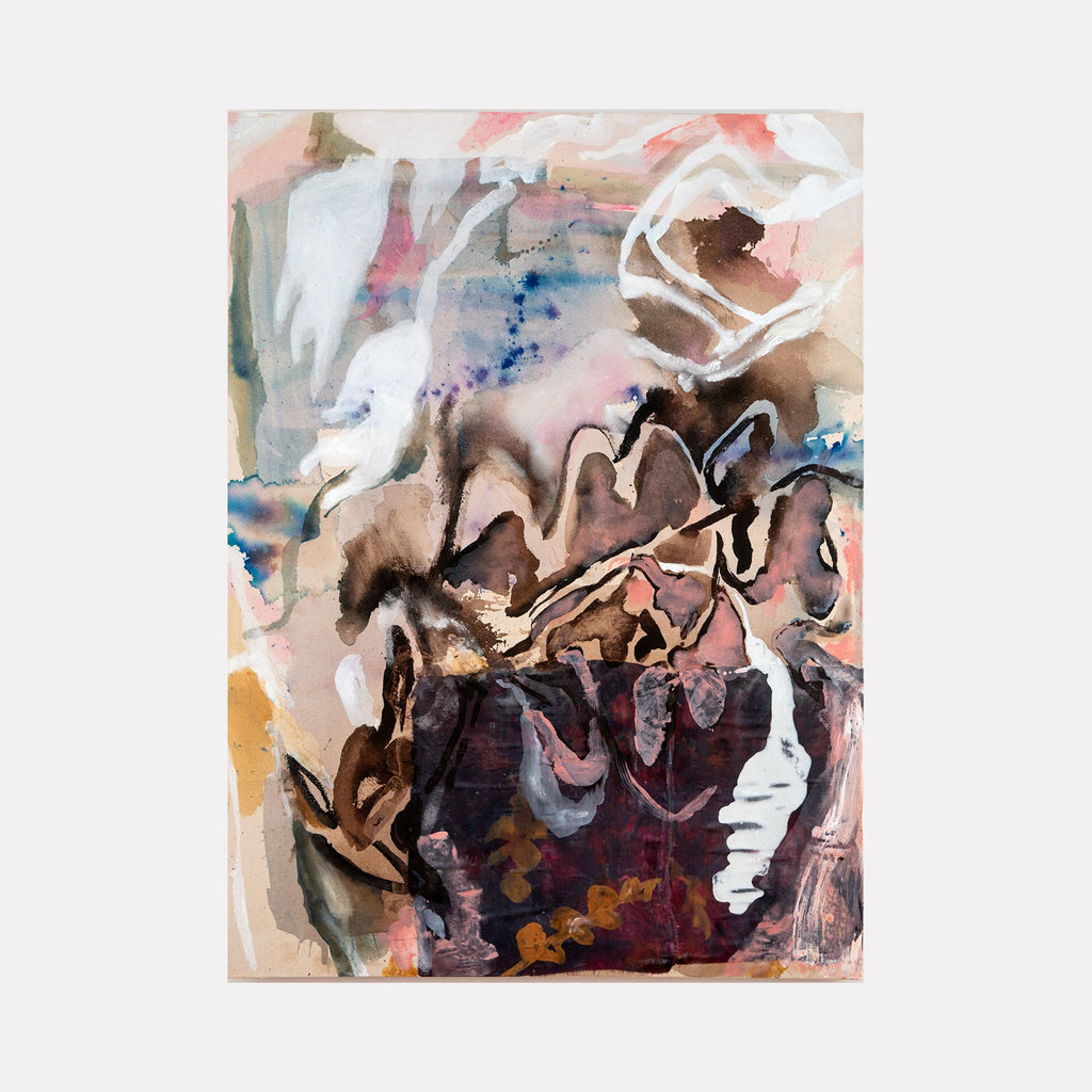 The artwork 'Demeter's Sway' by Molly Herman features fluid abstract forms in earthy browns and soft pinks, with striking white gestural strokes and deep purple undertones. The composition flows organically across the canvas, combining acrylic paint and silk elements to create a dynamic interplay of textures and translucent layers, reminiscent of natural formations and atmospheric movements. By Molly Herman.