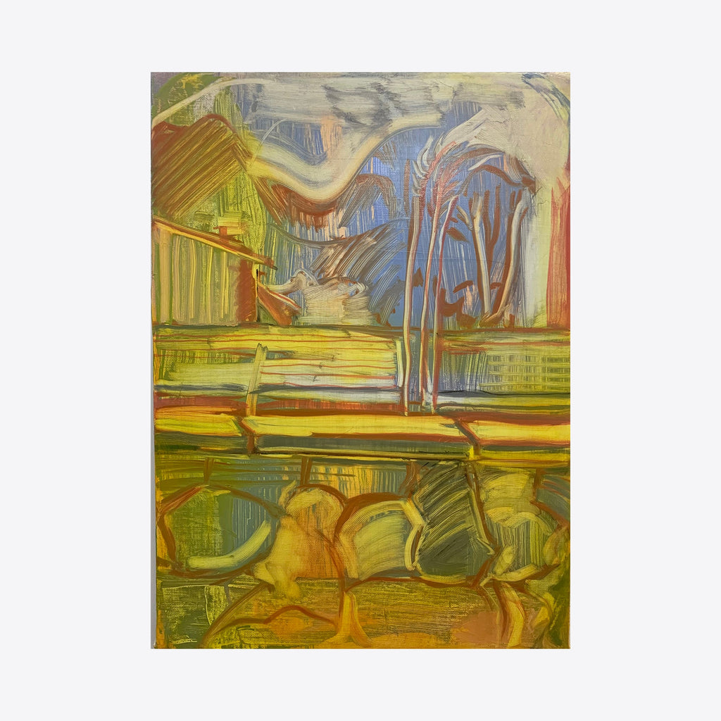The artwork 'Detox' by Taiss Ghuliani features bold expressionistic brushstrokes depicting an abstract landscape with vibrant yellows and blues. The composition shows horizontal layers with dynamic vertical elements, suggesting trees or structures reflected in water. The oil painting's textured surface creates a sense of movement through sweeping gestural strokes in earthy golds and cool azure tones. By Taiss Ghuliani.