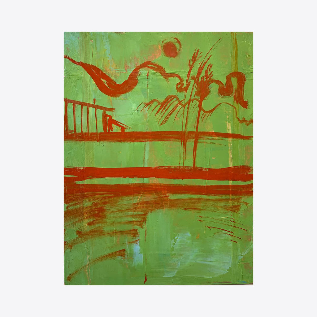 The artwork 'Detox 2' by Taiss Ghuliani features an abstract landscape composition in vibrant green and rust-orange hues. A minimalist bridge structure stretches across the canvas, while flowing lines suggest palm trees and natural elements. The oil painting's expressive brushstrokes create a dynamic interplay between geometric and organic forms on a 16x12 inch canvas by Taiss Ghuliani.