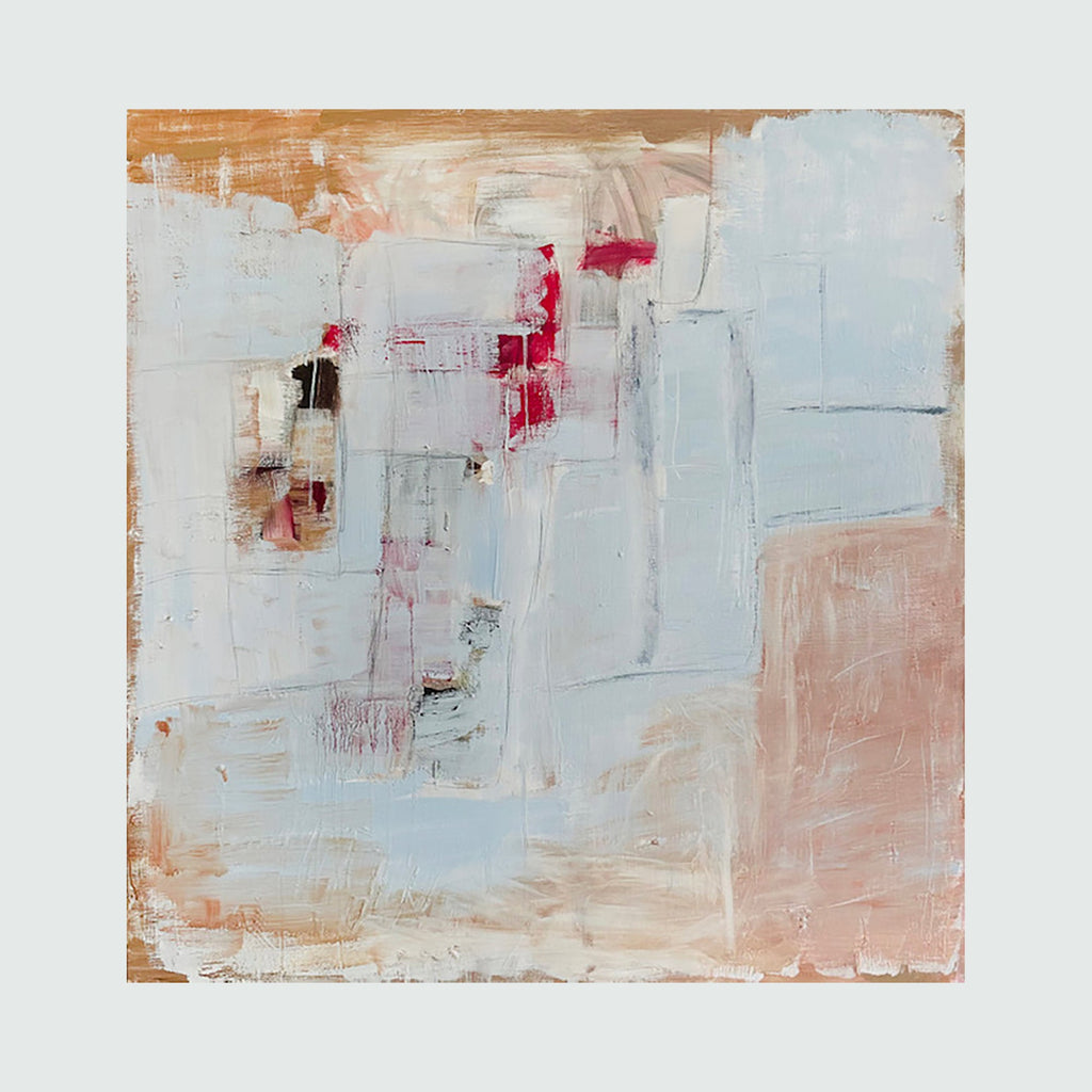 The artwork 'Diary of a Seducer' by Petra Nimtz features an abstract composition on linen with soft pastel tones of pale blue, peach, and white, accented by bold crimson brushstrokes. The painting showcases textural layering with rough, gestural marks and subtle color transitions, creating a dreamy, ethereal atmosphere through expressive brushwork.