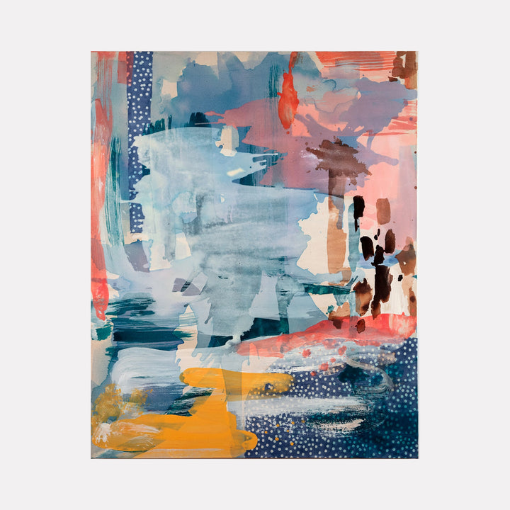 The artwork 'Dowsing Map' by Molly Herman features dynamic brushstrokes in coral pink, deep navy, and golden yellow hues, creating an abstract landscape-like composition. Textural batik elements and dotted patterns complement fluid acrylic strokes, while ethereal blues and soft grays add atmospheric depth to this 50x40 inch canvas. Abstract collage elements merge seamlessly in a contemporary style by Molly Herman.
