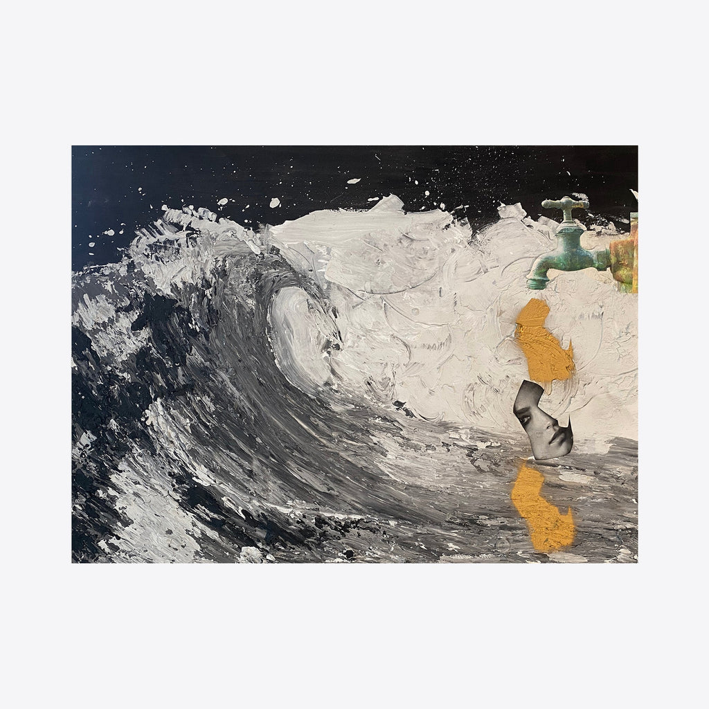 The artwork 'Drip' by Roger Hsia features a dynamic acrylic composition depicting a powerful ocean wave in stormy grey-blue tones, contrasted with vintage-style water faucets and golden drips along the right edge. The dramatic wave creates a turbulent, textured effect against a dark background, measuring 48x36 inches.