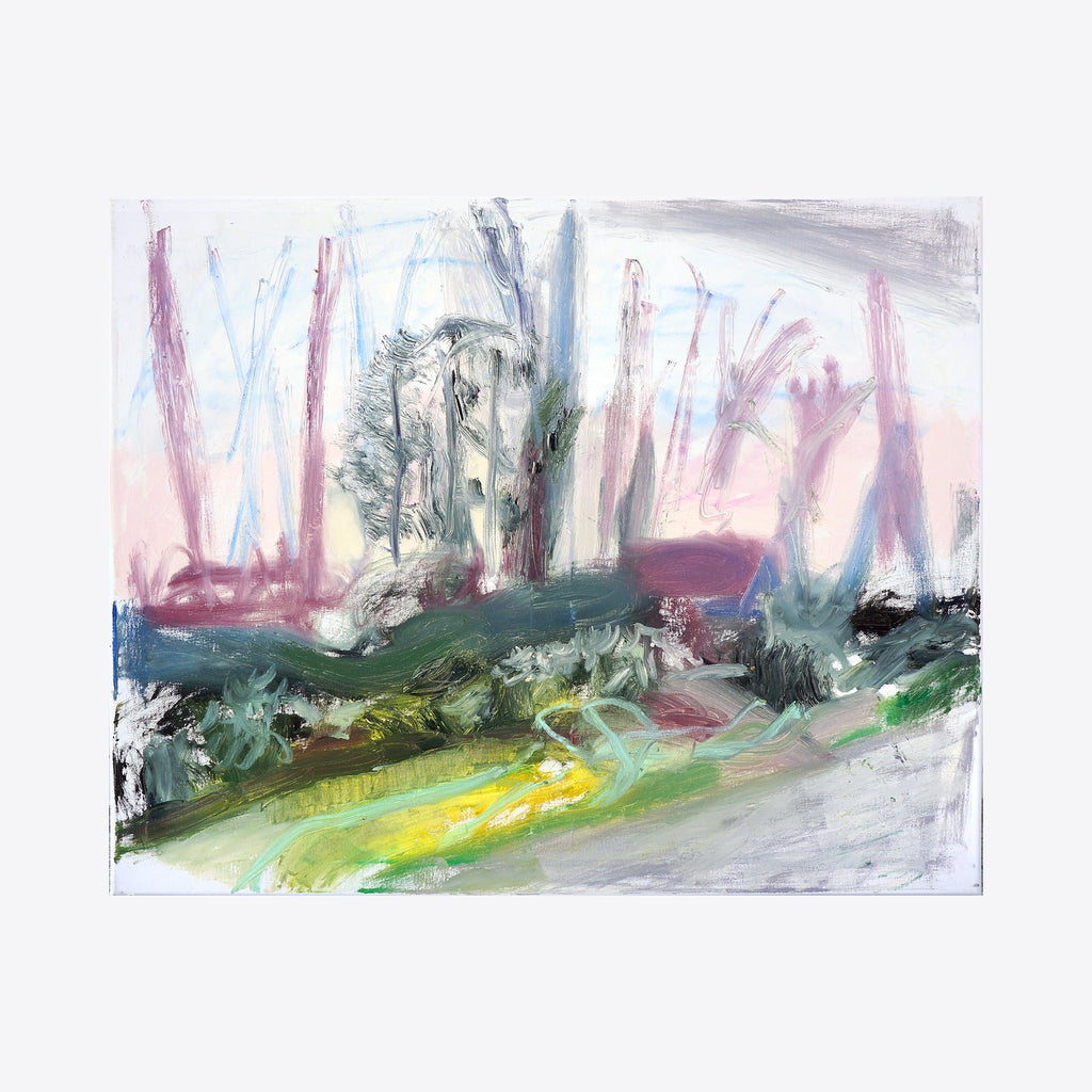 The artwork 'Edge Light' features an impressionistic landscape with ethereal trees rendered in soft purples and blues against a misty pink sky. The foreground shows sweeping brushstrokes of vibrant yellows and greens, creating a dynamic natural setting with expressive oil paint texture on linen canvas by Maureen Shea.