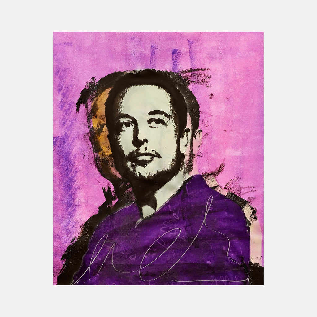 The artwork 'Entrepreneurship Is The Way' features a portrait against a vibrant magenta and purple background. The silkscreen technique creates a striking contrast between dark and light elements, with expressive brush strokes and spray paint details. Bold purple hues blend into pink tones across the canvas, showcasing mixed media artistry. By Rudy Meyer.