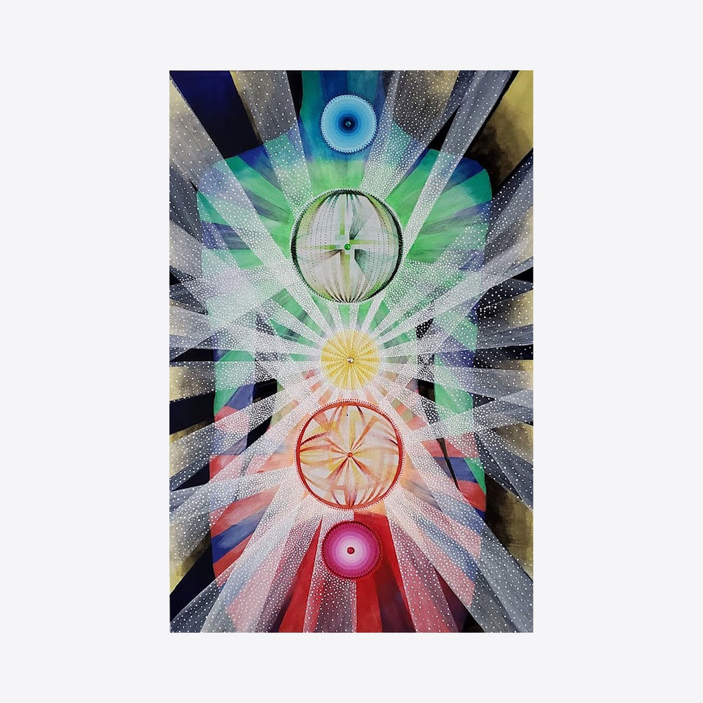 The artwork 'Energy Body' features a vibrant vertical composition with radiating patterns centered around three circular mandalas. From top to bottom, it transitions from cool blue and green tones through yellow to warm red hues, with white light beams creating a dynamic starburst effect. Each mandala contains intricate geometric designs in acrylic and colored pencil on canvas by Katie Niewodowski.