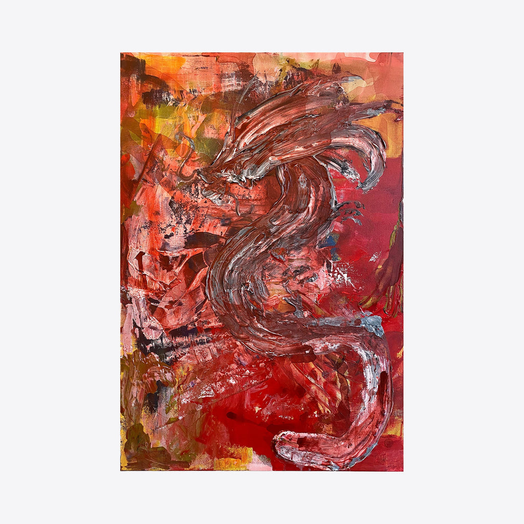 The artwork 'Enter Big Red' by Roger Hsia features dynamic swirling brushstrokes in deep crimson and burgundy tones against a vibrant background of orange and coral hues. Abstract expressionist acrylic painting with bold, gestural movements creating a sense of fluid motion and energy across the 36x24 inch canvas. Dark earth tones blend with passionate reds in sweeping curves by Roger Hsia.