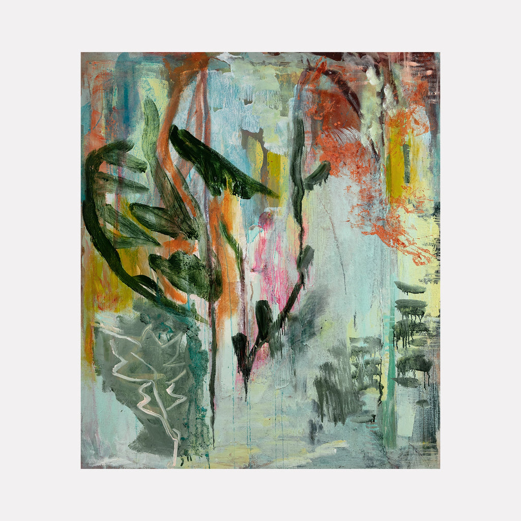 The artwork 'Every Now' by Molly Herman features dynamic brushstrokes of deep green botanical forms against a misty turquoise background. Abstract leaves and stems emerge through layers of coral, yellow, and pink accents, creating an ethereal atmosphere with expressive gestural marks in acrylic and oil on linen. The composition suggests organic movement and natural forms in a contemporary style. By Molly Herman.