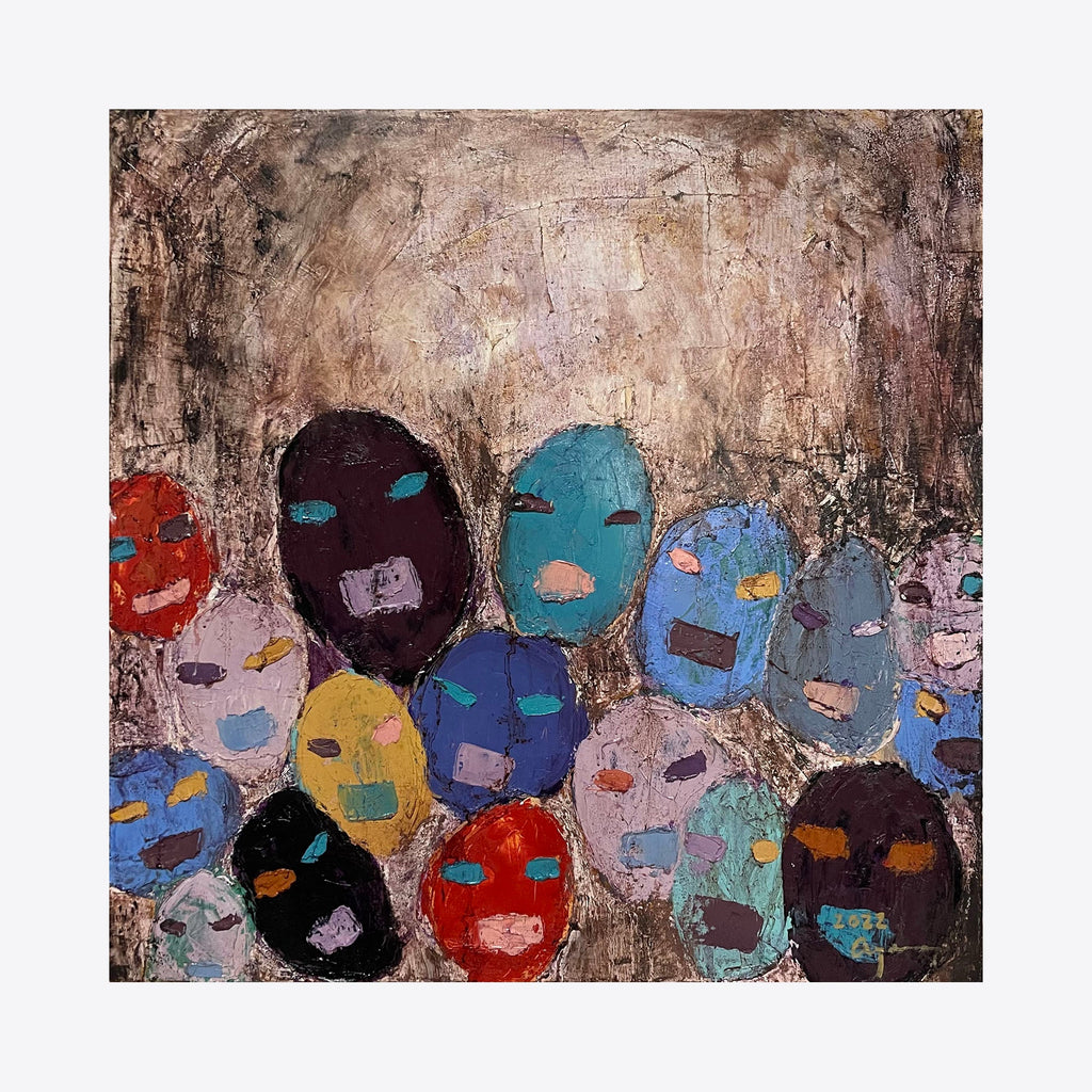 The artwork 'Farewell to the Darkness' presents multiple abstract mask-like forms in vibrant blues, reds, yellows, and turquoise against a textured beige and brown background. The oil painting features a collection of stylized oval shapes arranged in a crowd-like formation, each with distinct colorful features on a heavily textured canvas surface. The composition creates a powerful contrast between dark and bright elements. By Ayane Kurai.