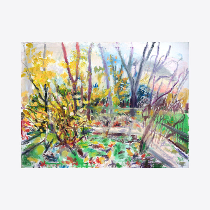 The artwork 'Feve' by Maureen Shea captures a vibrant woodland scene in oil on linen, featuring expressive brushstrokes of yellow autumn foliage, bare tree branches, and lush green undergrowth. The painting combines loose, energetic strokes with delicate details, creating a dynamic landscape filled with natural light and seasonal colors, measuring 30 x 40 inches by Maureen Shea.