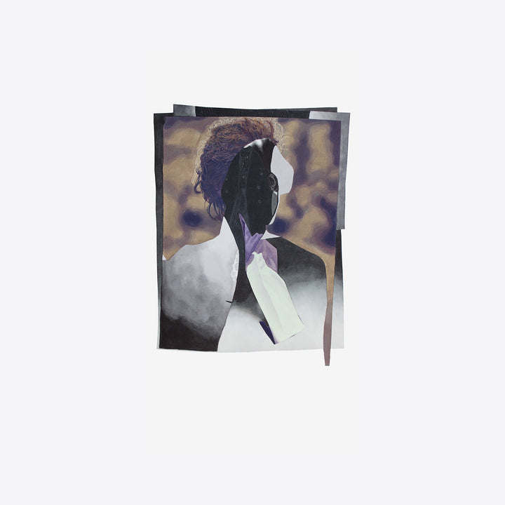 The artwork 'Figurehead' by Winnie Sidharta features an abstract watercolor composition on stretched paper, depicting a silhouetted form against a warm bokeh background. The piece combines sharp geometric shapes with fluid watercolor techniques, creating a contrast between light and shadow, with subtle purple and mint green accents against monochromatic tones.