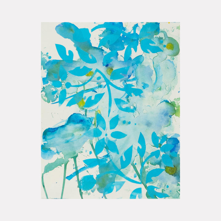 The artwork 'Flowers on A Breezy Day' by Lisa Petker Mintz features vibrant turquoise and aqua watercolor florals dancing across white paper. Abstract leaf silhouettes and delicate splashes create an ethereal, windswept effect. Yellow-green accents and fluid brushstrokes capture the dynamic movement of blooms in a gentle breeze. Acrylic on paper, 20x16 inches.
