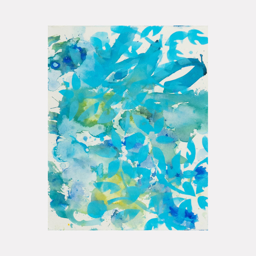 The artwork 'Flowers on A Rainy Day' by Lisa Petker Mintz features ethereal watercolor-like brushstrokes in vibrant aqua blues and soft teals. Abstract floral forms emerge through translucent layers of acrylic paint, creating a dreamy, fluid composition that evokes floating petals in water. The 20x16 inch piece showcases dynamic movement and delicate color transitions.