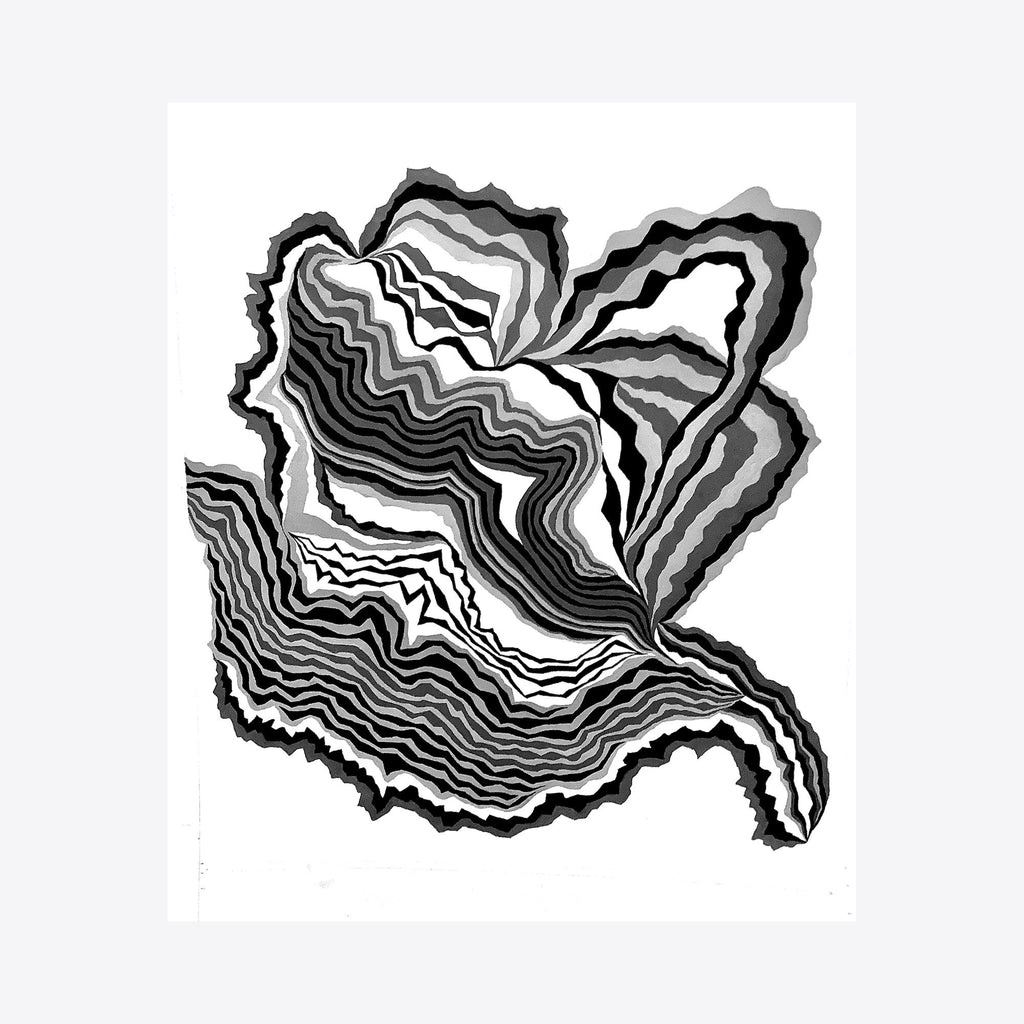 The artwork 'Gaggled Guarantee' by Joe Piscopia features intricate black and white wavy lines creating an abstract topographical pattern. Layered concentric curves form a dynamic organic shape resembling a geological cross-section or contour map, painted in gouache with varying tonal gradients on watercolor paper.